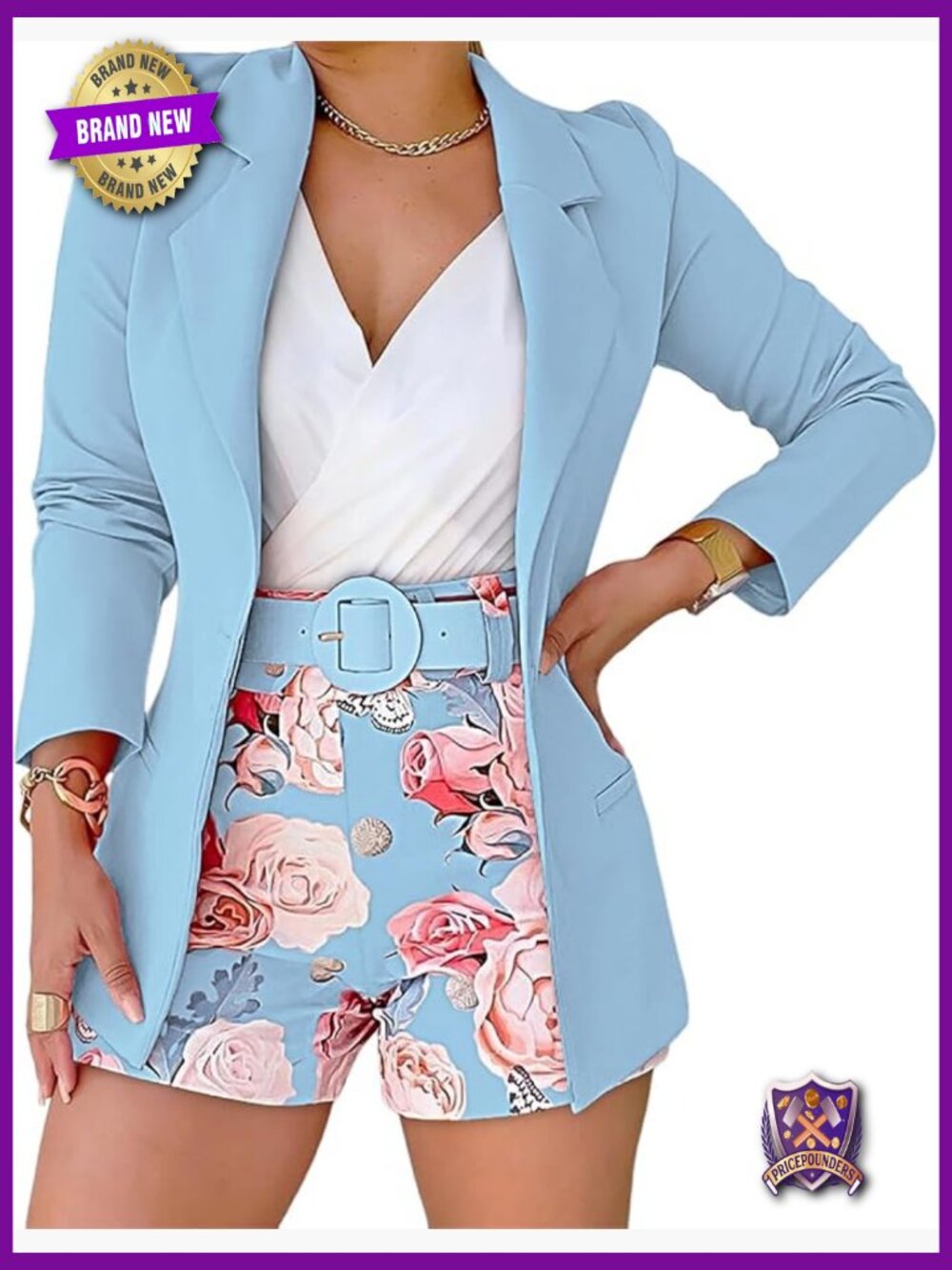 2 Piece Blazer Set with Floral Print Shorts & Belt
